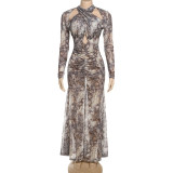 Snake Print Long Sleeve Hollow Out Maxi Dress GSLF-K25D74472