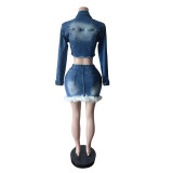 Long Sleeve Feather Patchwork Denim Skirt Suit MEM-MZ88658