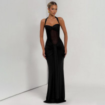 Mesh Patchwork Halterneck Maxi Dress GSLF-K25D76693