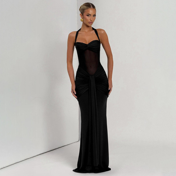 Mesh Patchwork Halterneck Maxi Dress GSLF-K25D76693
