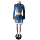 Long Sleeve Feather Patchwork Denim Skirt Suit MEM-MZ88658