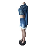 Long Sleeve Feather Patchwork Denim Skirt Suit MEM-MZ88658
