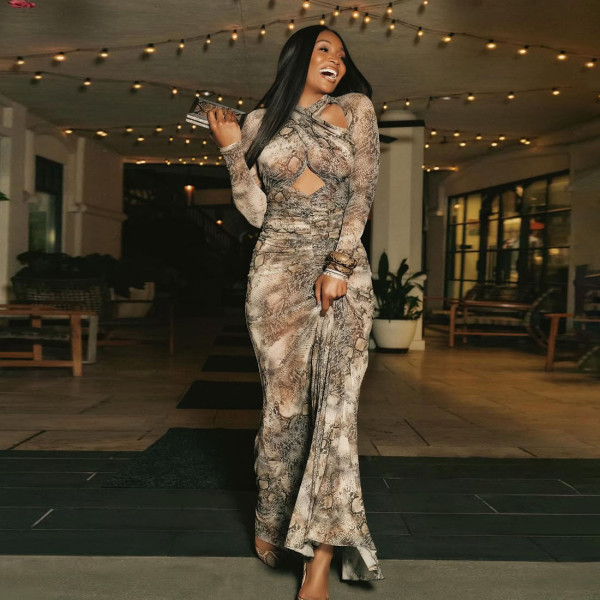 Snake Print Long Sleeve Hollow Out Maxi Dress GSLF-K25D74472