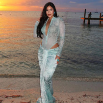 Deep V Neck Leopard Print Bodysuit Two Piece Skirts Set GSLF-K25S76191