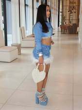 Long Sleeve Feather Patchwork Denim Skirt Suit MEM-MZ88658
