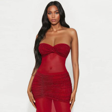 Solid Color Wrap Chest Hot Drill Maxi Dress CYA-901960