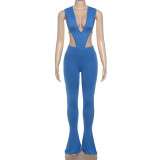 Deep V Neck Tie Up Bodysuit Pants Suit  XEF-K25S78349