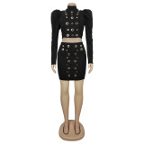 Long Sleeve Solid Color Two Piece Skirts Set BY-7478