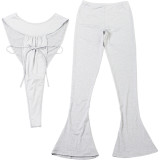 Deep V Neck Tie Up Bodysuit Pants Suit  XEF-K25S78349