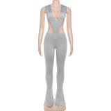 Deep V Neck Tie Up Bodysuit Pants Suit  XEF-K25S78349
