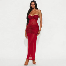 Solid Color Wrap Chest Hot Drill Maxi Dress CYA-901960