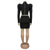 Long Sleeve Solid Color Two Piece Skirts Set BY-7478
