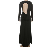 Long Sleeve Solid Color Backless Maxi Dress XEF-K25D78220