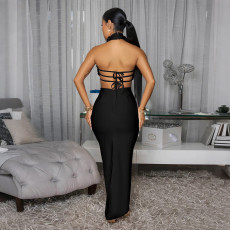 Halterneck Large Flowers Solid MaxI Dress CYA-901951