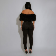 One Shoulder Fur Patchwork Jumpsuit CYA-901986