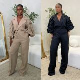 Plus Size Lapel Solid Color Pleated Two Piece Pants Set NY-11101