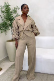 Plus Size Lapel Solid Color Pleated Two Piece Pants Set NY-11101