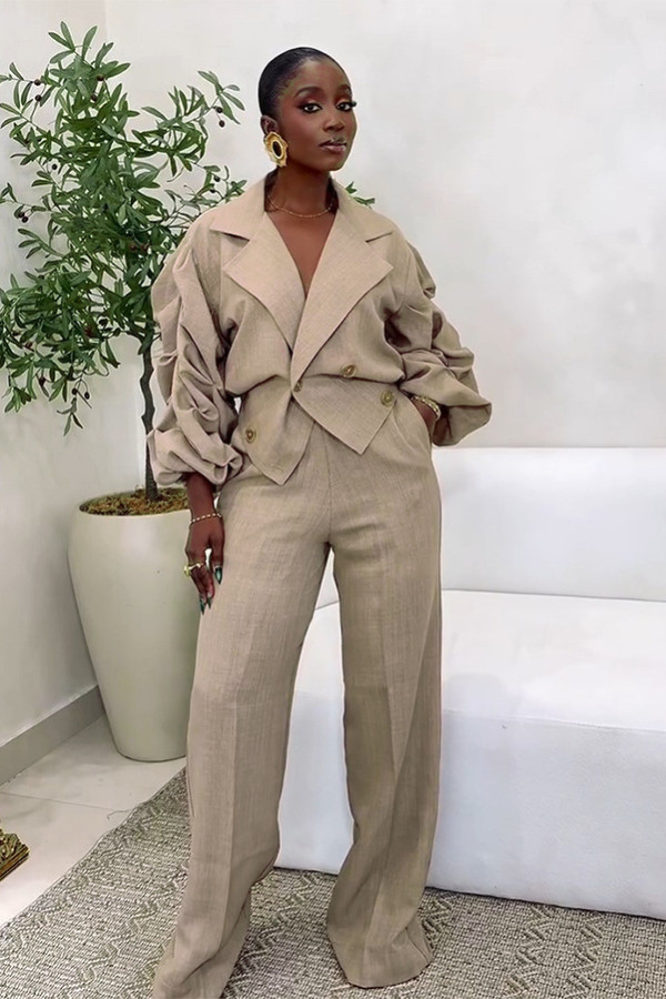 Plus Size Lapel Solid Color Pleated Two Piece Pants Set NY-11101