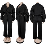 Plus Size Lapel Solid Color Pleated Two Piece Pants Set NY-11101
