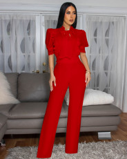 Lace Patchwork Tie Up Wide Leg Jumpsuit OSM-4934