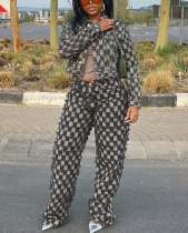Casual Plaid Print Long Sleeve Pans Denim Suit TR-1339