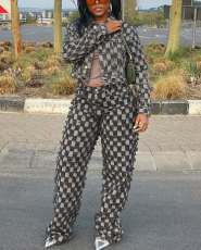 Casual Plaid Print Long Sleeve Pans Denim Suit TR-1339