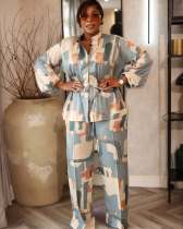 Plus Size Print Drawstring Two Piece Pants Set NY-3716