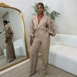 Plus Size Lapel Solid Color Pleated Two Piece Pants Set NY-11101