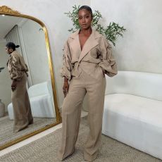 Plus Size Lapel Solid Color Pleated Two Piece Pants Set NY-11101