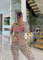 Letter Leopard Print Long Sleeve Pants Suit YD-8826