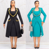 Plus Size Long Blazer Vest Dress Two Piece Set NY-3718
