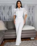 Lace Patchwork Tie Up Wide Leg Jumpsuit OSM-4934