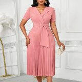 Plus Size Solid Color Short Sleeve Pleated Midi Dress GATE-593
