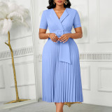 Plus Size Solid Color Short Sleeve Pleated Midi Dress GATE-593