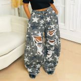 Plus Size Washed Camouflage Star Print Ripped Jeans GYLN-8407