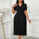 Plus Size Solid Color Short Sleeve Pleated Midi Dress GATE-593