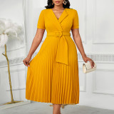 Plus Size Solid Color Short Sleeve Pleated Midi Dress GATE-593