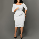 Solid Color 3/4 Sleeve Midi Dress GATE-591