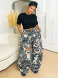 Plus Size Washed Camouflage Star Print Ripped Jeans GYLN-8407