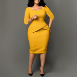 Solid Color 3/4 Sleeve Midi Dress GATE-591