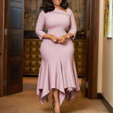 Plus Size Solid Color Slash Neck Irregular Midi Dress GATE-594