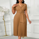 Plus Size Solid Color Short Sleeve Pleated Midi Dress GATE-593