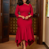 Plus Size Solid Color Slash Neck Irregular Midi Dress GATE-594