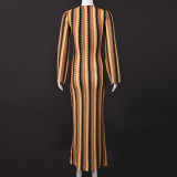 V Neck Long Sleeve Stripe Maxi Dress GNZD-32544DBY