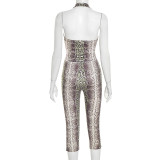 Snake Print Halterneck Tops Pants Suit GSZM-C25ST208