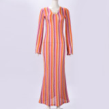 V Neck Long Sleeve Stripe Maxi Dress GNZD-32544DBY