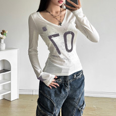 V Neck Print Long Sleeve T Shirts XEF-K24L52070
