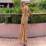 V Neck Long Sleeve Stripe Maxi Dress GNZD-32544DBY