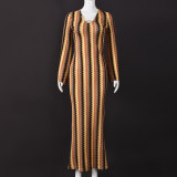 V Neck Long Sleeve Stripe Maxi Dress GNZD-32544DBY