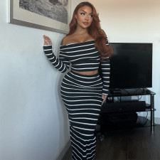 Stripe One Shoulder Long Sleeve Skirt Suit GNZD-41962SBG